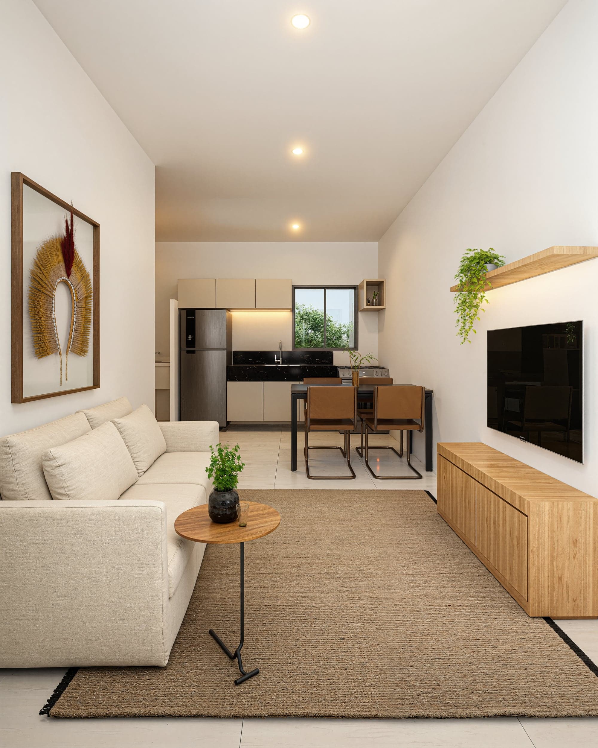 Render do living integrado do Visual das Mangabeiras, com sala, jantar e cozinha