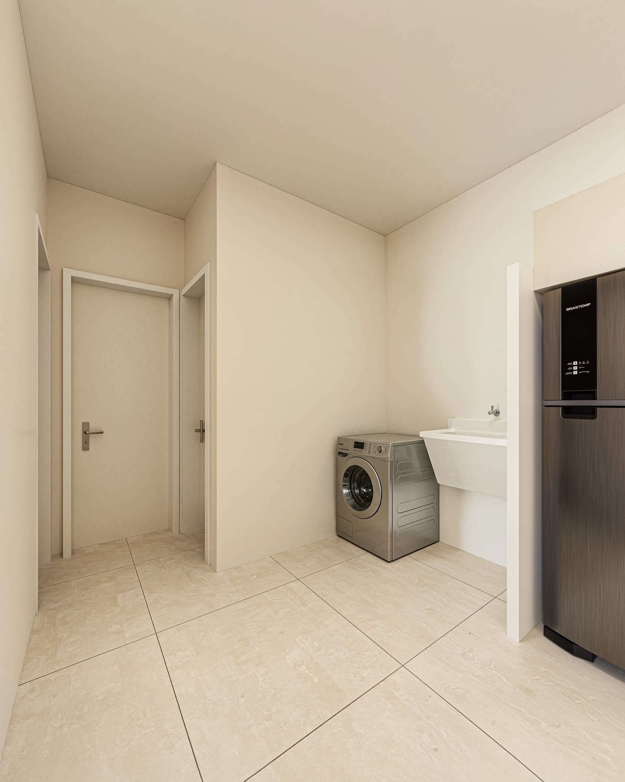 Render da área de serviço do Visual das Mangabeiras com lavanderia