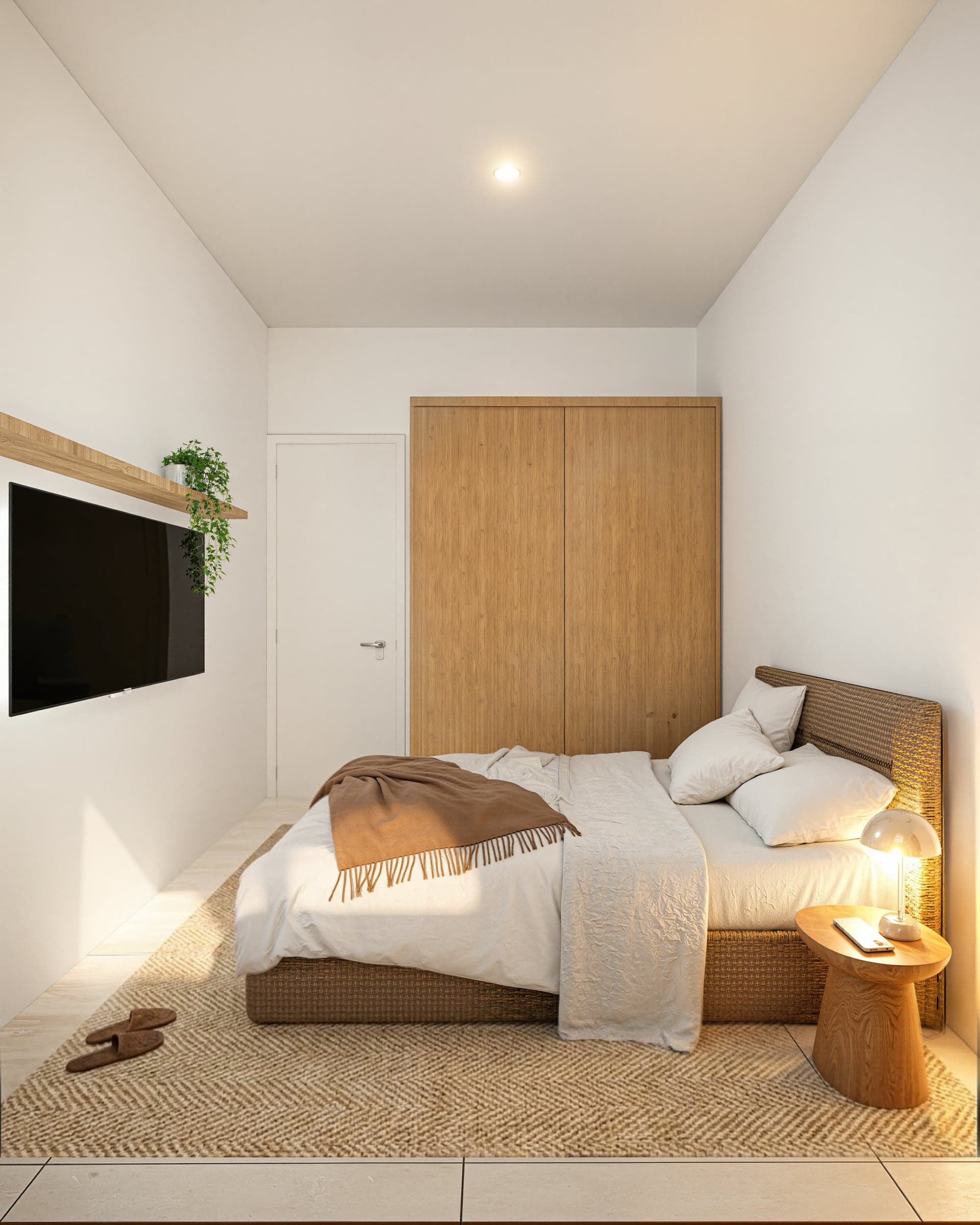 Render do quarto do Visual das Mangabeiras com armário planejado em madeira